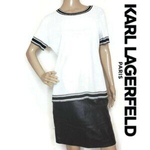 Karl Lagerfeld Paris NWT White & Black Knit Short-Sleeve Top Ribbed Trim Detail
